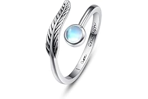PRAYMOS Birthstone Adjustable Open Feather Ring 925 Sterling Silver Birth Stone Ring Jewelry Gift Birthday Gift for Mom Women Wife Girls (G-moonstone)