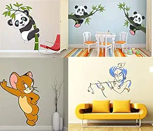 Ghar Kraft Set of 4 Self Adhesive Wall Sticker Animals , Bansidhar, Panda Hanging On A Branch and Baby Panda Wall Sticker for Puja Room Home Living Room Bedroom Kids Room