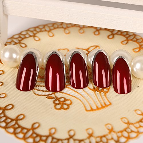 YUNAI Burgund/Tiefrot mit Silber Gefälschter Nagel vollständige Abdeckung Stilett Falsche Nägel - 5
