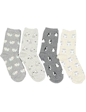 FLYCHEN Baumwolle Socken mit Tier Muster Cartoon Damensocken 4 Paare Mehrfarbig