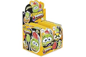 JOYGUM GRENADE Popping+Lollipop, Espositore 36 bustine lecca-lecca a forma di granata esplosiva, al gusto fragola o mela verde da immergere in polverina di caramella frizzy