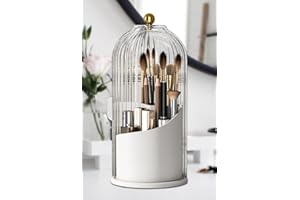 FIVAVA Makeup Brush Holder 360 Rotating Organizer with Clear Lid，Sliding Opening Dustproof Makeup Organiser Storage for Lipstick, Lip Gloss, Eyeliner, Bedroom, Bathroom