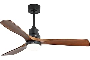 Sofucor Ventilateur de plafond de 132,1 cm avec télécommande, 3 pales en bois de noyer massif, moteur CC réversible silencieux, ventilateur de plafond rustique pour terrasse avec couvercle, noir mat