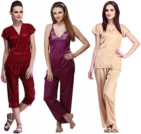 Miss Pixy Women's Solid Full Length Top, Pyjama &amp; Capri Set Of 6 Poly Satin Nightsuits Night Wear Dress