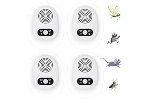 LUVYO Repelente Ultrasónico Electrónico Pack 4 Unidades | Ahuyentador de Plagas para el Hogar | Repele Ratones, Mosquitos, Cucarachas y Arañas | Doble Frecuencia Ajustable CF/VF | Sin Químicos y Seguro