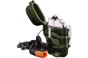 SUPRUS Mechero impermeable 3 modos de linterna, encendedor a prueba de viento, mecheros de doble arco recargable de plasma de doble arco con silbato de emergencia de supervivencia y cordón