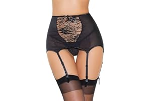 Satohom 3 Piezas Tirantes Transparentes Sexy para Mujer con 6 Clips Ajustables Tanga Corsé de Encaje de Cintura Alta Tirantes Tanga para Medias Lencería Ligas (Tirantes + Tanga + Medias) S-3XL