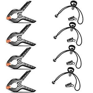 VTS 8 Clips Include 4 Heavy Duty Spring Clips, 4 Backdrop Background Clip Holders, Adjustable Elastic Nylon Photo Clips, for Photography and Video Studio Shooting