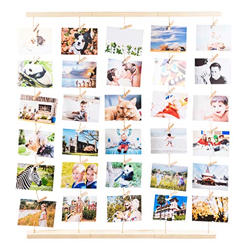 MOVEONSTEP Marco De PMOVEONSTEP Marcos para Fotos Marco de Pared Cuadros de Pared de Madera para Colgar Fotos e Imágenes con 5 Cuerdas Colgantes y 30 Clips de Madera Incluye-Claro Color