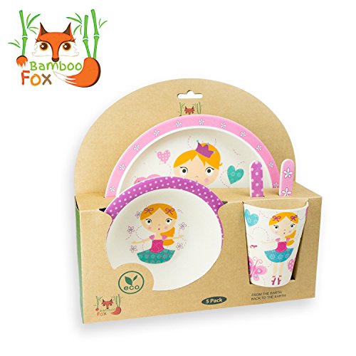 BambooFox Kindergeschirr set – Buntes Bambus Geschirr und Besteck Set mit Motiven – 100% Bio Bambus – umweltfreundlich (Ballerina) - 4