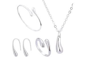 Clyhon - Pendientes de gancho de lágrima brillante chapados en plata 925 para mujer pendientes de gota de agua, anillo de gota de agua, collar de gota de agua pulsera de gota de agua juego de 4 piezas