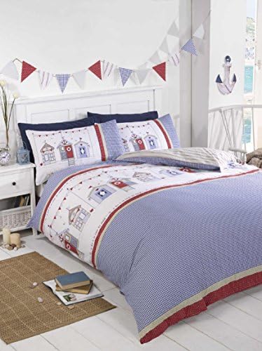elinens Beach Huts Duvet Cover Set, Blue Red White (King Size 230cm x 220cm)
