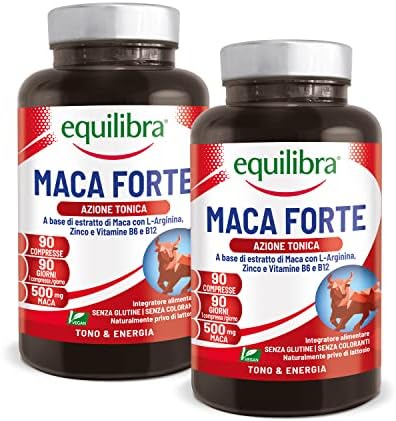 Equilibra Integratori Alimentari, Maca Forte, Tono e Vigore Fisico, Integratore Altodosato con Estratto di Radice di Maca Peruviana 500mg, L-Arginina, Zinco, Vitamine B6 e B12, 2 pezzi da 90 Compresse