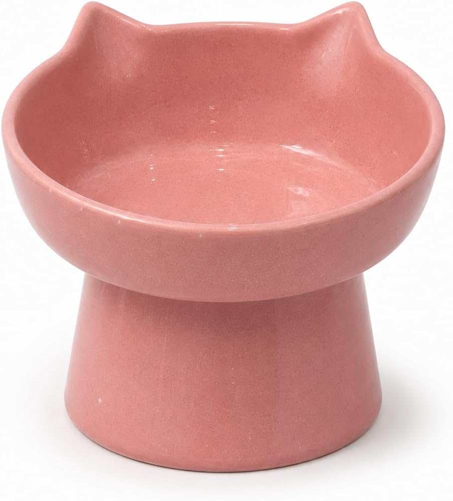 getmeev Seramik Kedi Köpek Mama ve Su Kabı – Kedi Kulaklı Eğimli ve Yükseltilmiş Mama Kabı, Boyun ve Omurgayı Destekleyen Ergonomik Tasarım, Kolay Temizlenebilir(Pembe Kulaklı)