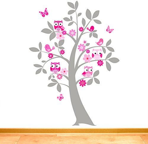 Rubybloom Designs Flora - Silver Tree with Owls, Butterflies, Birds &amp; Flowers Pink - Printed Wall Art Vinyl Stickers by