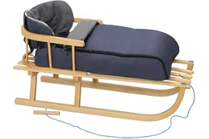 RGVERTRIEB Holzschlitten Kinderschlitten Rodelschlitten Schlitten Klassischer aus Buchenholz mit Rückenlehne mit Winterfußsack aus Holz 90cm Zugleine | 10 Farben