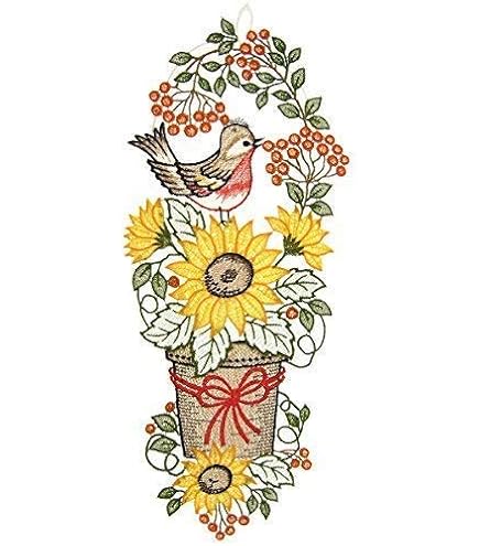 Fensterbild Orchidee Aus Plauener Spitze – Orange, 34x19 Cm, 100% Polyester, Mit Saughaken, Handarbeit-Dekoration