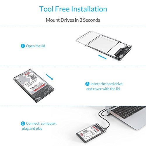 ORICO 2,5″ Externes Festplattengehäuse, USB 3.0 auf SATA III 6 Gb/s, für 7mm und 9,5 mm 2,5-Zoll SATA Notebook Interne HDD und SSD, Werkzeugfreie Montage, UASP Beschleunigung (Transparent) - 2