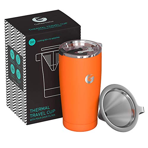 Cafetière de voyage Coffee Gator - Cafetière sans papier tout-en-un - 45 cl - Tasse thermos avec microfiltre et capuchon hermétique (Orange)
