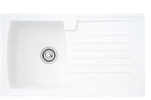 Respekta fregadero de cocina Boston de mineralita en blanco / Fregadero empotrable de 1 cubeta en 86 x 50 cm / Lavabo adecuado para armarios inferiores de 45 cm de ancho
