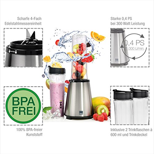 Sänger Smoothie Maker 300 Watt Leistung 6 tlg. | 3 Minuten Dauerlaufzeit | Standmixer mit 21.000 U/min | 2x 100% BPA-freie 600 ml Tritan-Trinkflaschen | Scharfe 4-Fach Edelstahlmessereinheit - 2