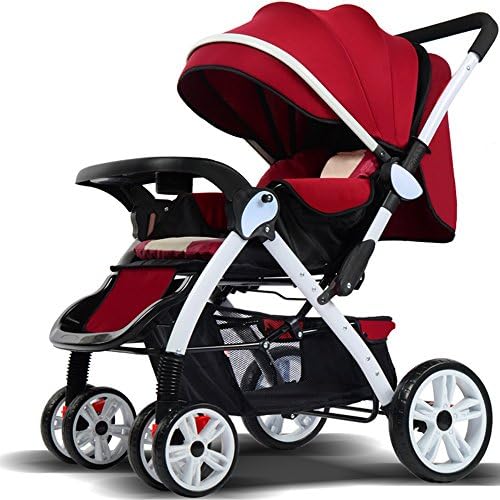 High-profile ultra-light portable can ride baby carriages, folding four-wheeled baby carriage, baby trolley ( Color : Wine red )