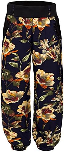 KorMei Women's Plain Baggy Lounge Loose Pants Trousers With Side Pockets Blue&amp;Yellow Flowers M