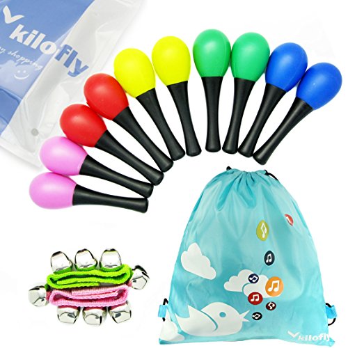 kilofly Musical Toys Rhythm Plastic Egg Maracas Value Pack, 5 colors [Set of 10 + 2 Wrist Bells]
