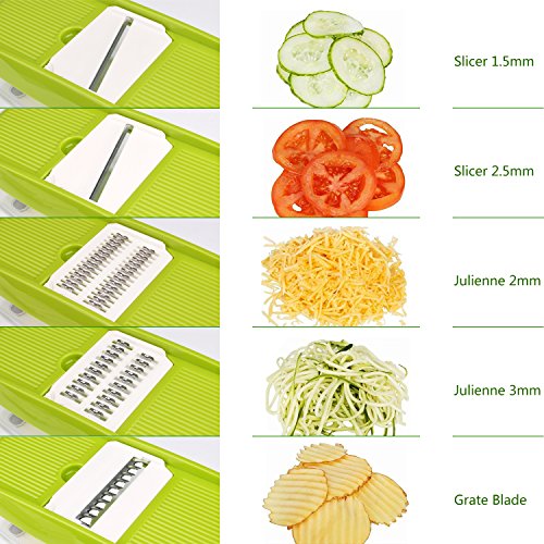 Gemüsehobel, AUKUYEE Mandoline Gemüsehobel Mandoline Slicer Nahrung Gemüsehobel Julienne Schneidegerät Gemüse Reibe Schneider Frucht Zerhacker Würfler 5 Edelstahl Klingen Container Schäler Schneidegerät Zwiebel Halter Reinigung Pinsel Multi-funktional Anpassbar - 3