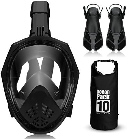 ACALI Foldable Snorkeling Mask Set - Full Face Snorkel Mask with Diving Fins and 10L PVC Waterproof Dry Bag for Adults Youth - Easy-Breathe