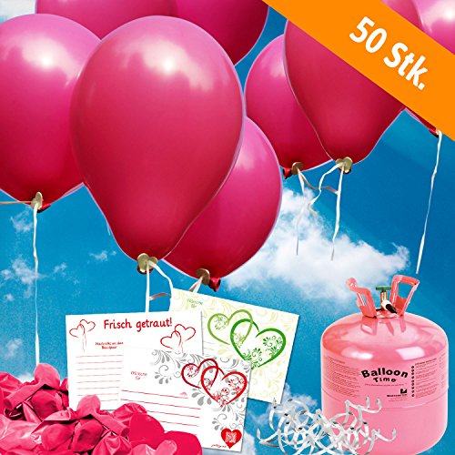 Pinke HELIUM Luftballons und Herzluftballons Hochzeit - KOMPLETTES SET mit pinken Herzballons und Heliumballons + Helium Einwegflasche, Ballonkarten und Ballonschnur für das Hochzeitsspiel Luftballons steigen lassen - Hochzeitsspiele und Partyspiele …
