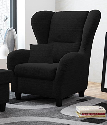 【ᐅᐅ】Ohrensessel mit schwarzem Strukturstoff und Zierkissen