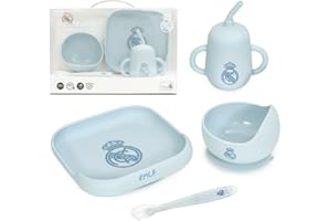 Interbaby - Set de Vajilla Infantil 4 Piezas de Silicona Real Madrid Azul| Plato, Bol, Cuchara y Taza |Apto para Microondas y Lavavajillas | Libre de BPA