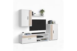duehome | Mueble de Salón, Composición Modular de TV, Modelo: Lunet 190, Acabado en Blanco y Roble Canadian, Medidas: 140 cm (Largo) x 35 cm (Fondo) x 36,2 cm (Alto)