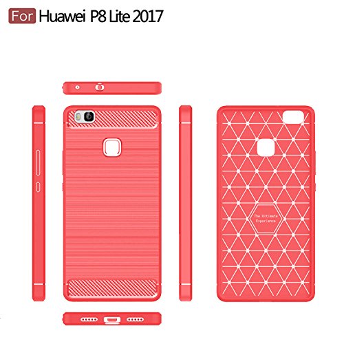 COOSA Funda para Huawei P8 Lite  2017   suave silicio de amortiguaci  n de lujo de la caja cepillada de lujo con textura cubierta de protecci  n de dise  o de fibra de carbono Case caso para Huawei P8 Lite  2017  5 2  Smartphone  para Huawei P8 Lite  2017   rojo 