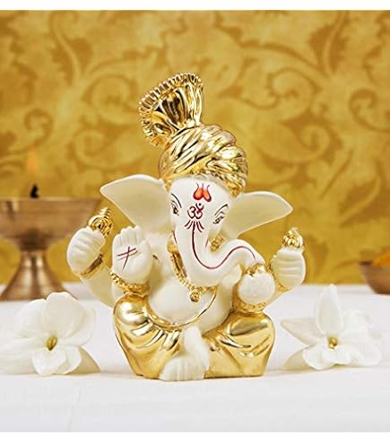 Statuette De Ganesh Blanche - Idole En Céramique Pour Tableau De Bord Voiture Ou Décoration - 8 X 10 Cm - Porte-bonheur - 5