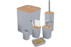 JETAINE 6 Pieces Bamboo Bathroom Accessories Bathroom Accessory Set, Luxury Modern Plastic Bath Set, Toilet Accessories Set Trash bin, Toothbrush Holder Cup, Soap Dish Holder, Soap Dispenser Gift