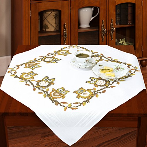 Bezaubernde Stickpackung " LUSTIGE EULEN " - Stickdecke 80x80 cm - Kreuzstich vorgezeichnet - Stickdecke und Stickgarn aus 100 % Baumwolle - fertig gesäumt mit eingewebtem Zierrand - qualitativ hochwertig - zum Sofort-Loslegen - zum Selbersticken - aus dem KAMACA-SHOP