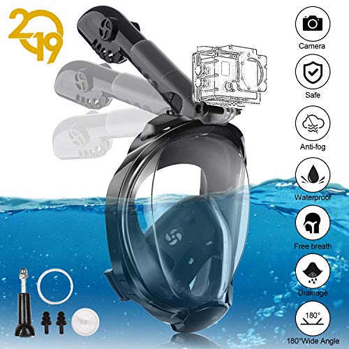 YUNDOO Mascara de Buceo, Máscara Snorkel con Vista panorámica de 180 °, Mascarilla antivaho y Antideslizante con Soporte de cámara Desmontable y Correas Ajustables para la Cabeza (Negro S/M)