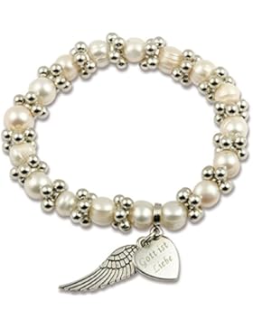 °° Perlenarmband mit Engel-Flügel und Herz. Gravur 