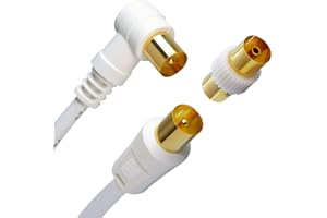 Slick Linc 4M TV Aerial Cable Extension Satellite Cable with Male-to-Male Coaxial Connection, RF Adaptor and Right Angle Connector Gold Plated - White
