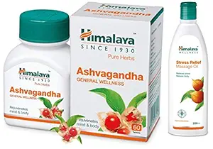 Himalaya Ashwagandha Pure Herbs General Wellness Tablets - 60 Count & Himalaya Herbals Stress Relief Massage Oil, 200ml