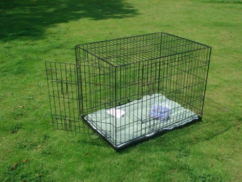 BUNNY-BUSINESS-Metal-Dog-Crate-2-Doors-with-Bedding-and-Lint-Rollers-Medium-30-inch-Black