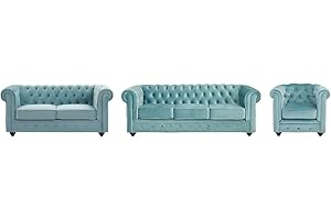 Vente-unique-Divano 3 posti e 2 posti e Poltrona in Velluto Blu pastello - CHESTERFIELD