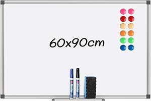 HOMEWIT Magnetisches Whiteboard, 90 x 60 cm Magnettafel in 4 Größen Magnetboard mit Stiftablage, 12 Magnete, 1 Tafel Schwamm und 2 Whiteboard Marker für Schule, Wohnung und Büro