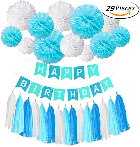 Happy Birthday Banner Bunting Kit, FTUNG 29Pcs Happy Birthday Hanging Party Decorations Banner flags + 15 tassels + Garland Tissue Pom Poms Tassel Paper Flowers Ball Kit for Party Wedding Birthday Decorations