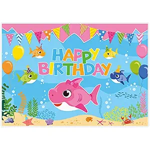 Allenjoy 7x5ft Cartoon Pink Shark Party Shark Happy Birthday Theme Backdrop Photography Pink Shark Family Under The Sea Birthday Background for Girl Shark Party Supplies Decoration