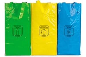 COSAS43 DETALLES PARA INVITADOS BODA-COMUNION-BAUTIZO Bolsas de Reciclaje de 3 Colores con asas para organizar el reciclado de Plástico, Vidrio y Papel - 23L, Verde, Amarilla y Azul. Para Cocinas.