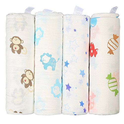 InnooBaby Pucktücher aus Musselin 4er-Pack Weiche und kuschelige Puckdecken für Schreibabys | 120 x 120 cm große Babydecken | 100% Baumwolle | Unisex Musselin und farbenfrohe Drucke