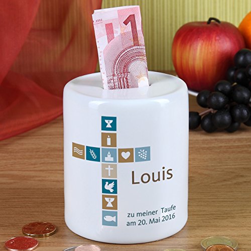 geschenke-online Spardose für Taufe / Kommunion / Taufe mit Namen und Wunschtext für Jungen - 2